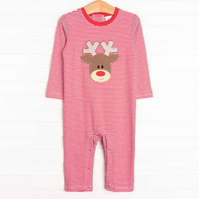 The romper features soft red stripes, snaps at the stride for extreme changing convenience, and the cutest reindeer applique.