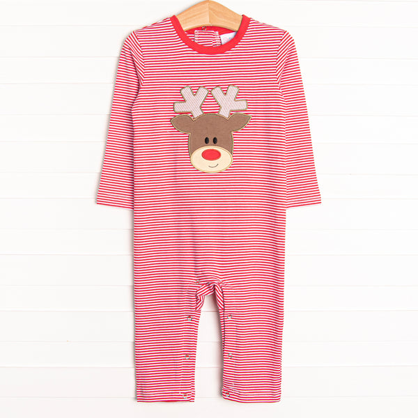 The romper features soft red stripes, snaps at the stride for extreme changing convenience, and the cutest reindeer applique.