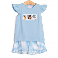  This set features a blue flutter sleeve top with a jungle animal smocking with mouse ears and blue check print ruffle shorts to match. 