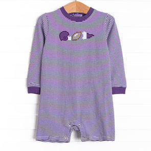 Down, Set, Hike Applique Short Romper, Purple