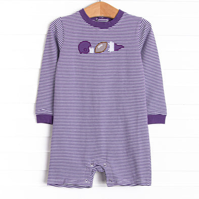 Down, Set, Hike Applique Short Romper, Purple