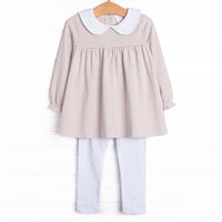 This set features a tan stripes, a peter pan collar, and white leggings.