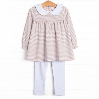 This set features a tan stripes, a peter pan collar, and white leggings.