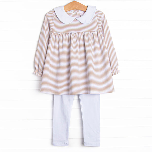 This set features a tan stripes, a peter pan collar, and white leggings.