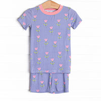Tulip Blooms Bamboo Pajama Short Set, Purple