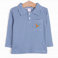 This precious shirt features blue stripes, a mallard embroidery, and the softest Pima cotton.