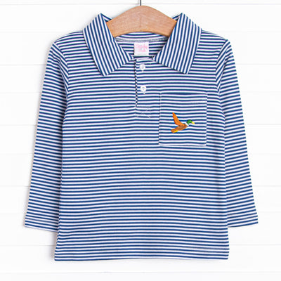 This precious shirt features blue stripes, a mallard embroidery, and the softest Pima cotton.
