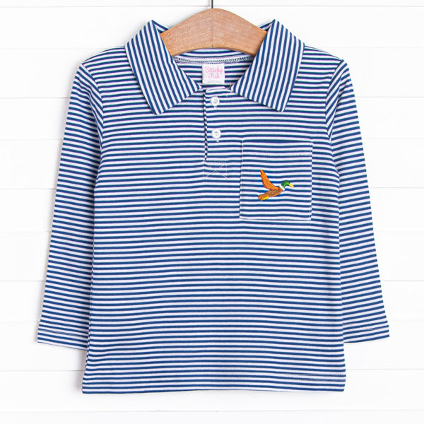 This precious shirt features blue stripes, a mallard embroidery, and the softest Pima cotton.