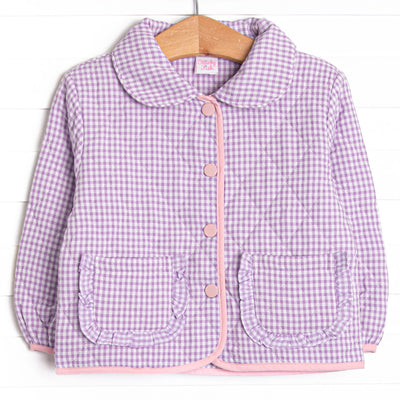 This coat features a purple gingham quilted material, a peter pan collar, and pink buttons.