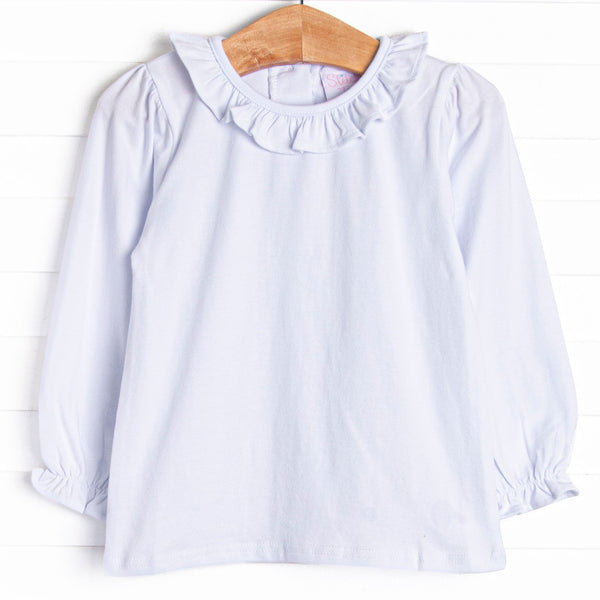  This top features the softest knit material, long sleeves, and a ruffle collar. 