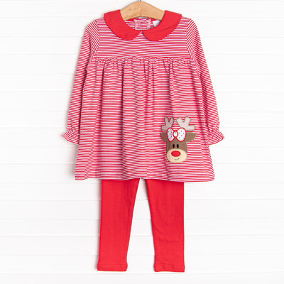  The legging set features soft red stripes, coordinating red leggings and collar, and the cutest reindeer applique.