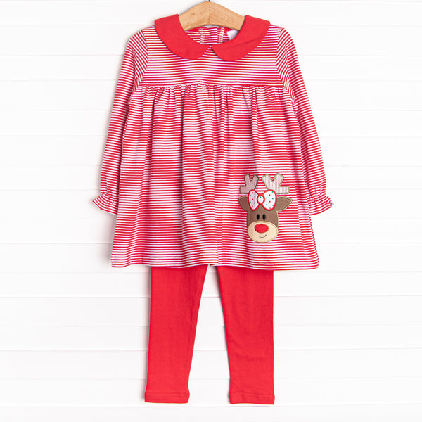  The legging set features soft red stripes, coordinating red leggings and collar, and the cutest reindeer applique.