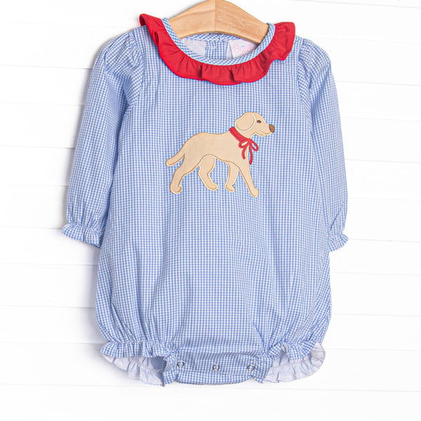  This bubble features blue gingham fabric, a red ruffle collar, and a puppy applique. 