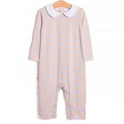  The romper features tan stripes, snaps in the stride to make changing a breeze, and soft knit material. 