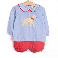 This set features blue gingham fabric, a Peter Pan collar, and a puppy applique. Coordinating red bloomer shorts to match.