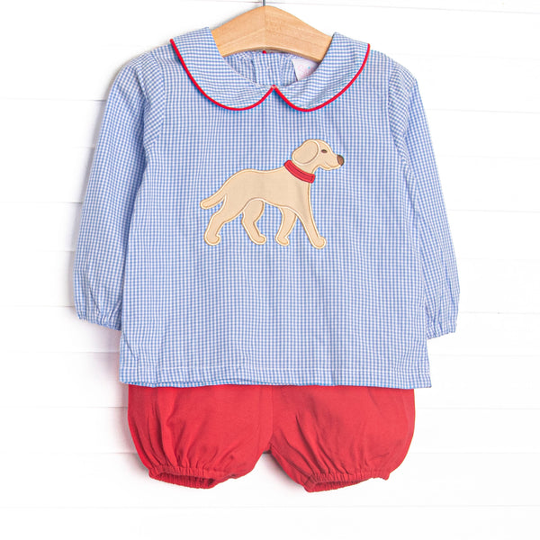 This set features blue gingham fabric, a Peter Pan collar, and a puppy applique. Coordinating red bloomer shorts to match.