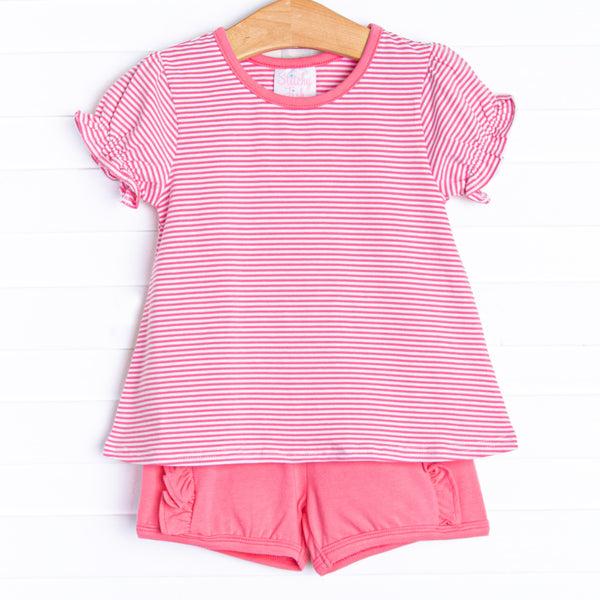 The&nbsp;set features a pink stripe top, the softest knit material, and pink&nbsp; ruffle shorts to match.