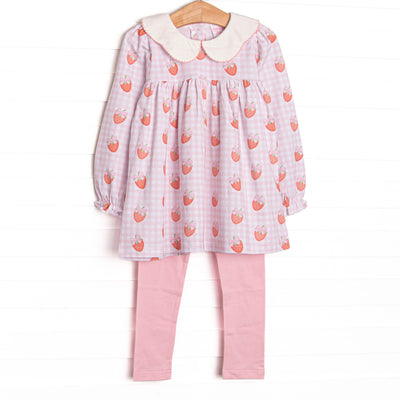  This set features pink gingham and strawberry printed fabric, a white scalloped collar, and long sleeves. Coordinating pink leggings to match. 