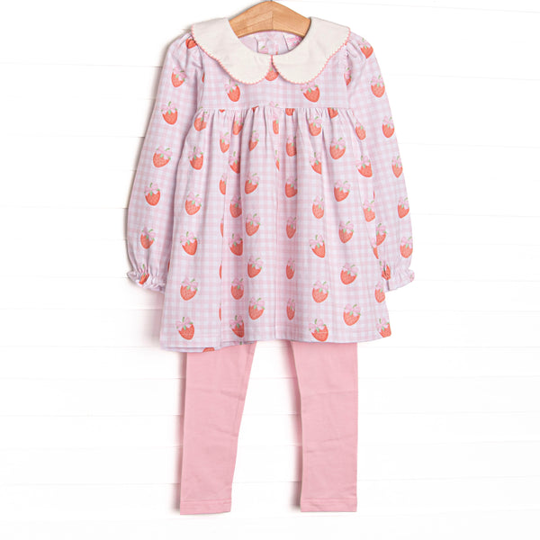  This set features pink gingham and strawberry printed fabric, a white scalloped collar, and long sleeves. Coordinating pink leggings to match. 