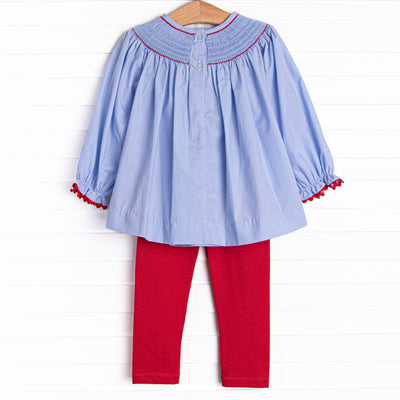 Santa's Coming Smocked Legging Set, Blue Gingham