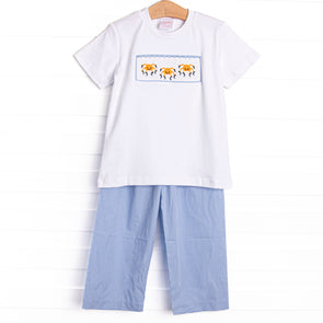Spooky Spider Smocked Pant Set, Blue Gingham