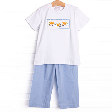 Spooky Spider Smocked Pant Set, Blue Gingham