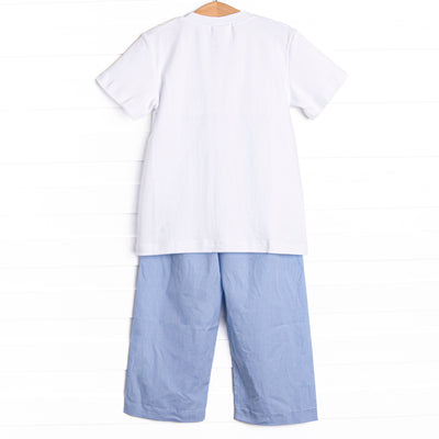 Spooky Spider Smocked Pant Set, Blue Gingham