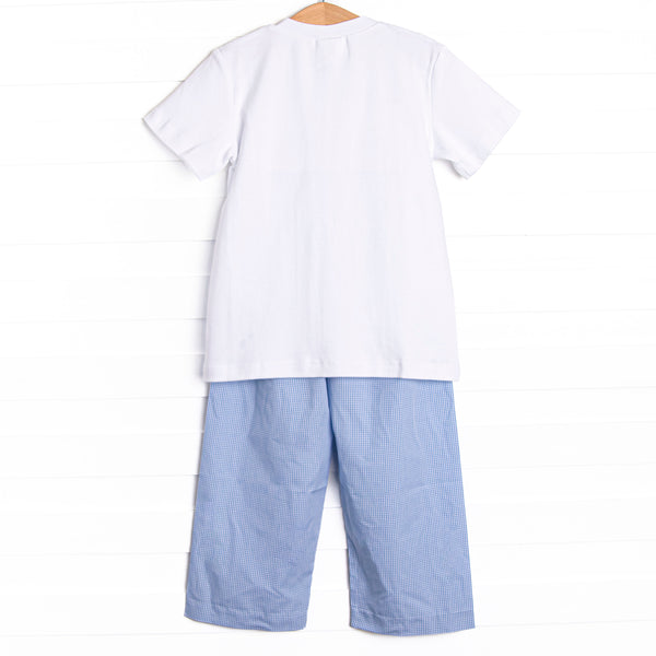 Spooky Spider Smocked Pant Set, Blue Gingham