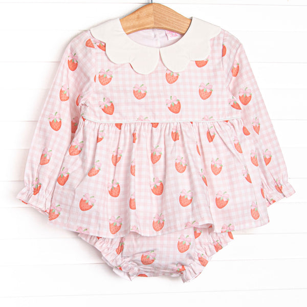 This set features pink gingham and strawberry printed fabric, a white scalloped collar, and long sleeves. Coordinating diaper cover to match.