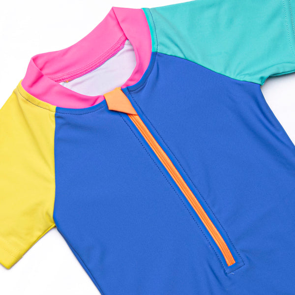 Color Block One Piece Rash Guard, Blue