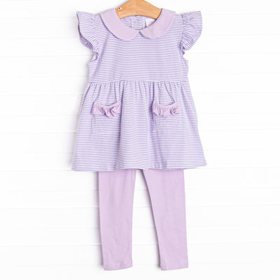 The&nbsp;set features purple stripes, ruffle trim, and purple knit leggings.