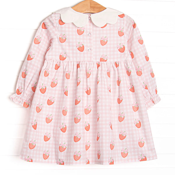 Berry Bows Scalloped Collar Long Sleeve Dress, Pink
