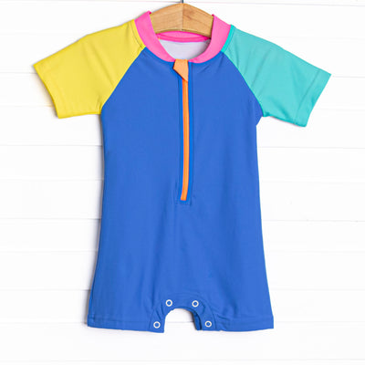 Color Block One Piece Rash Guard, Blue