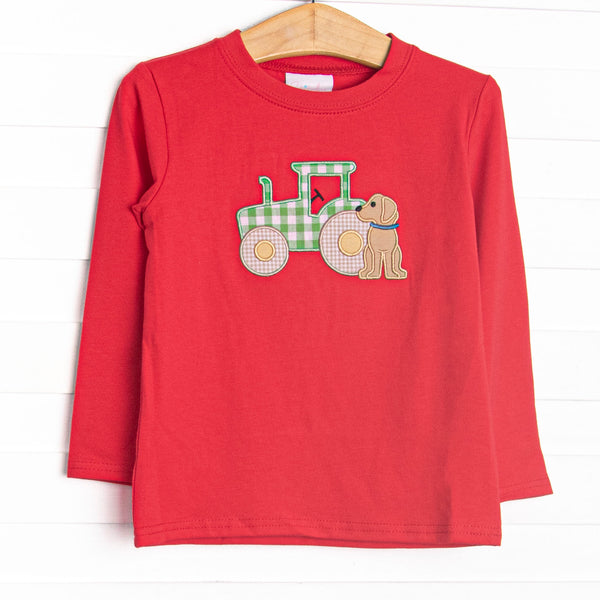 Tractor Tag Along Applique Top, Red
