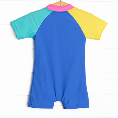 Color Block One Piece Rash Guard, Blue