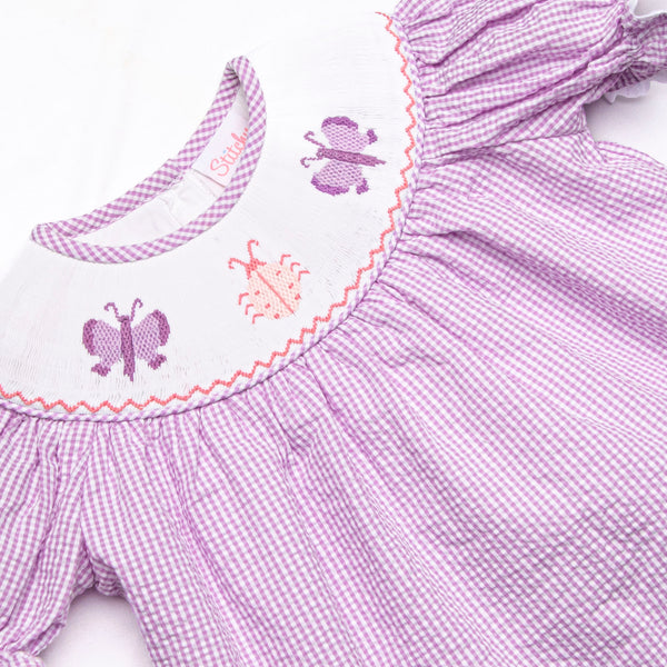 Bugging Out Smocked Diaper Set, Purple Seersucker