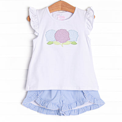 Garden Gingham Applique Ruffle Short Set, Blue