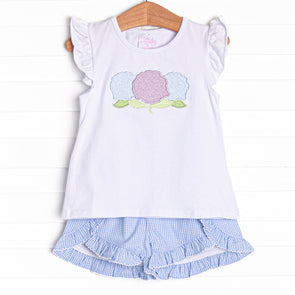 Garden Gingham Applique Ruffle Short Set, Blue