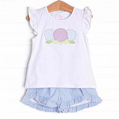 Garden Gingham Applique Ruffle Short Set, Blue