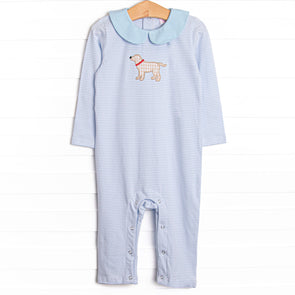 One Lucky Pup Applique Romper, Light Blue Stripe