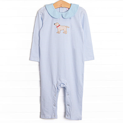 One Lucky Pup Applique Romper, Light Blue Stripe