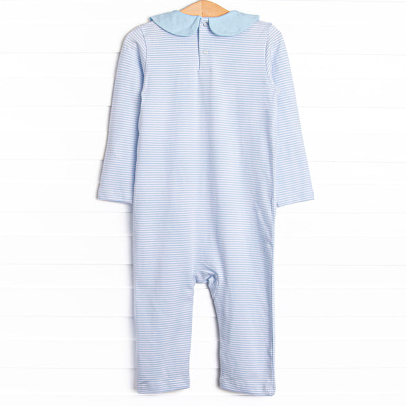 One Lucky Pup Applique Romper, Light Blue Stripe