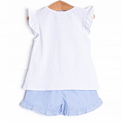 Garden Gingham Applique Ruffle Short Set, Blue