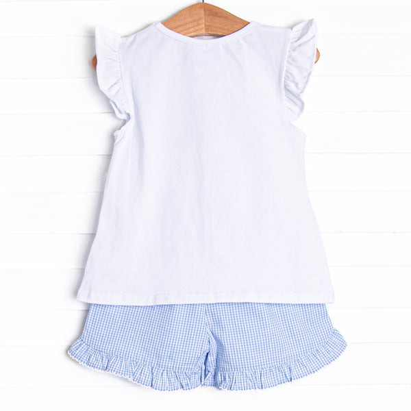 Garden Gingham Applique Ruffle Short Set, Blue