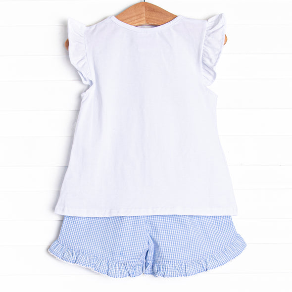 Garden Gingham Applique Ruffle Short Set, Blue