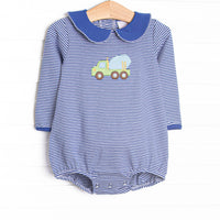  This bubble features a blue striped top, a concrete truck applique, and a blue Peter Pan collar. 