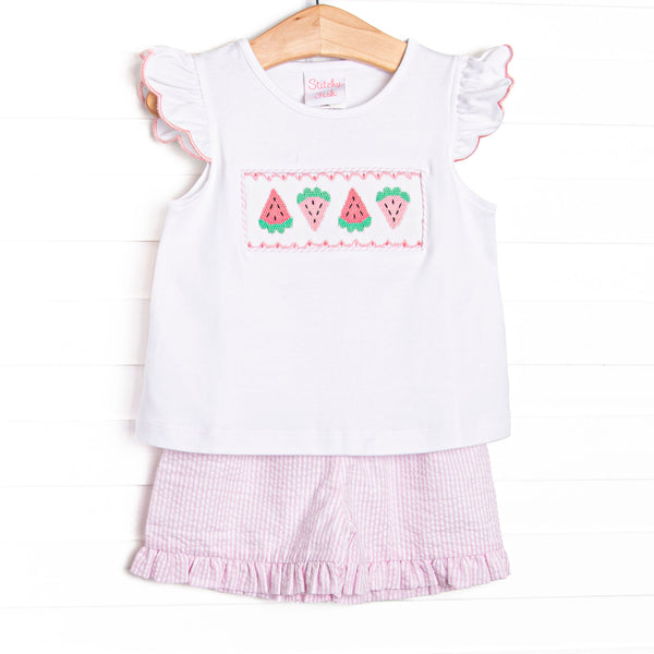 Scalloped Slices Smocked Ruffle Short Set, Pink