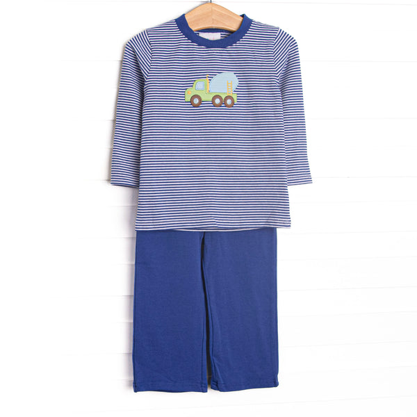  This set features a blue striped top, a concrete truck applique, and long sleeves. Coordinating blue pants to match. 