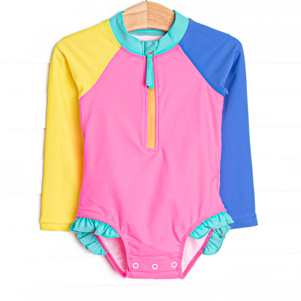 Color Block Long Sleeve One Piece Rash Guard, Pink