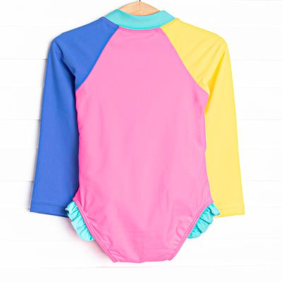 Color Block Long Sleeve One Piece Rash Guard, Pink